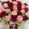  red & pink roses in a box