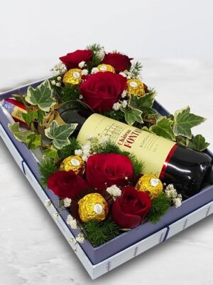 sparkling juice wine chocolate and flower box arrangement
