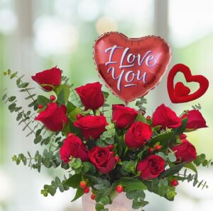 red roses & ferrero rocher chocolates in heart box