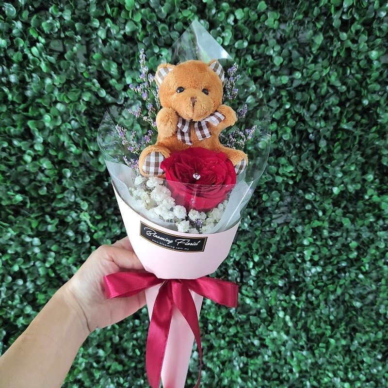 single rose with mini bear bouquet